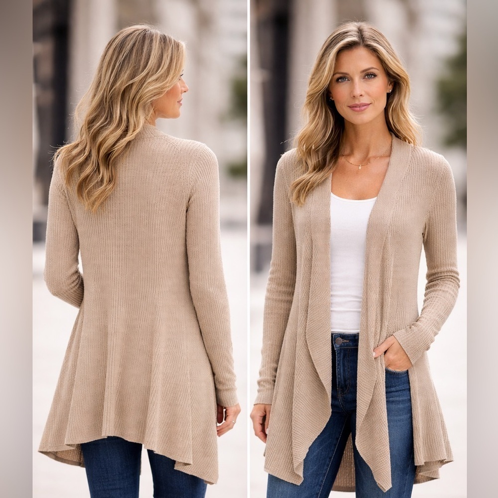Eileen Fisher Sweater S/P Oatmeal Brown 100% Wool Waterfall Cardigan Open - Picture 1 of 10